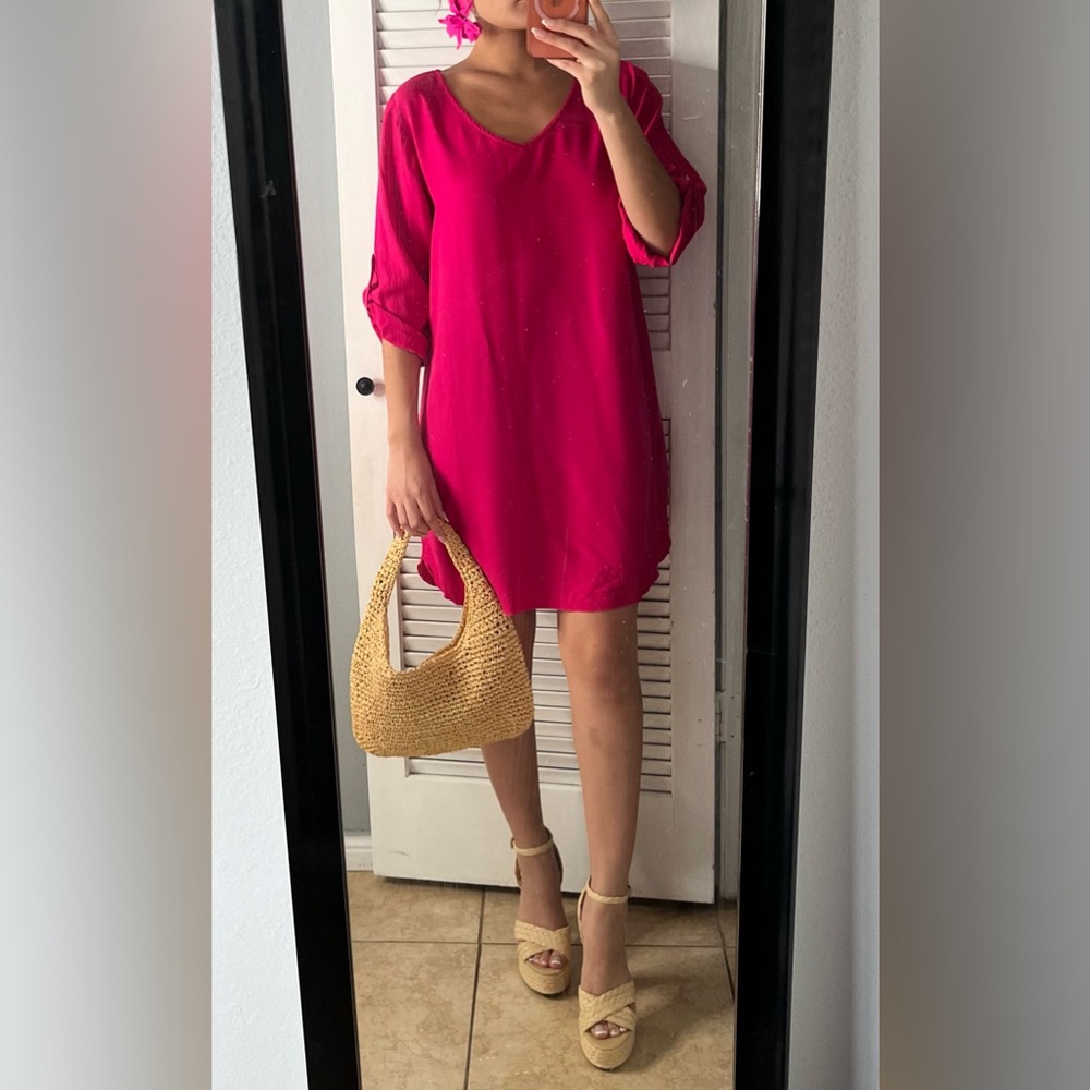 Hot Pink lightweight Tunic cover up Mini Dress S | resortwear tropical vacation - Picture 3 of 13